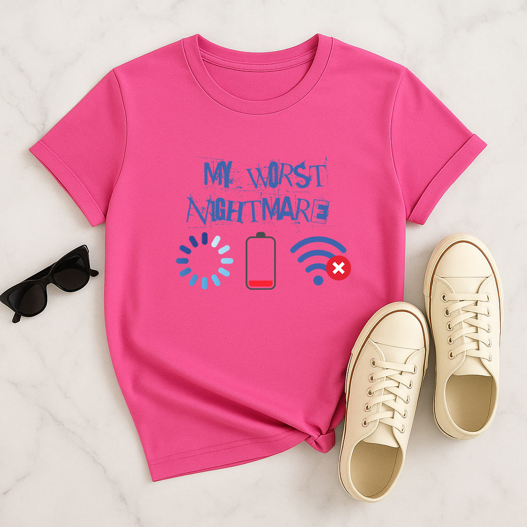 My Worst Nightmare T-Shirt: Funny Tech Problems Graphic Tee with Loading, Low Battery, and No WiFi Icons
