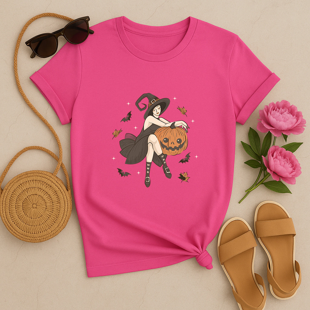 Witch and Pumpkin T-Shirt: Spooky Graphic Tee with Halloween Witch Artwork, Fun Gothic Style Shirt for Men and Women