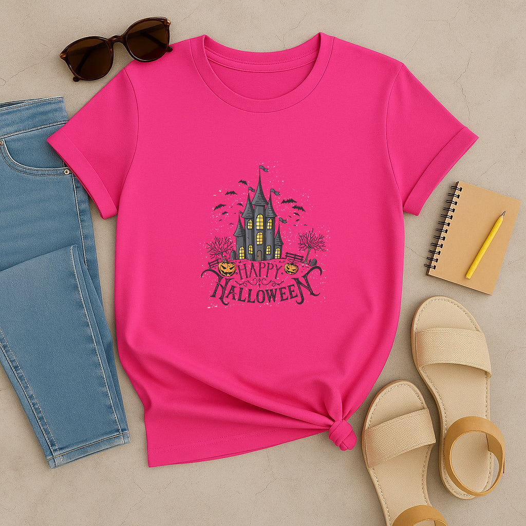 Happy Halloween T-Shirt: Haunted House Graphic Tee, Spooky Pumpkin and Bat Shirt, Fun Gothic Style Gift for Men and Women