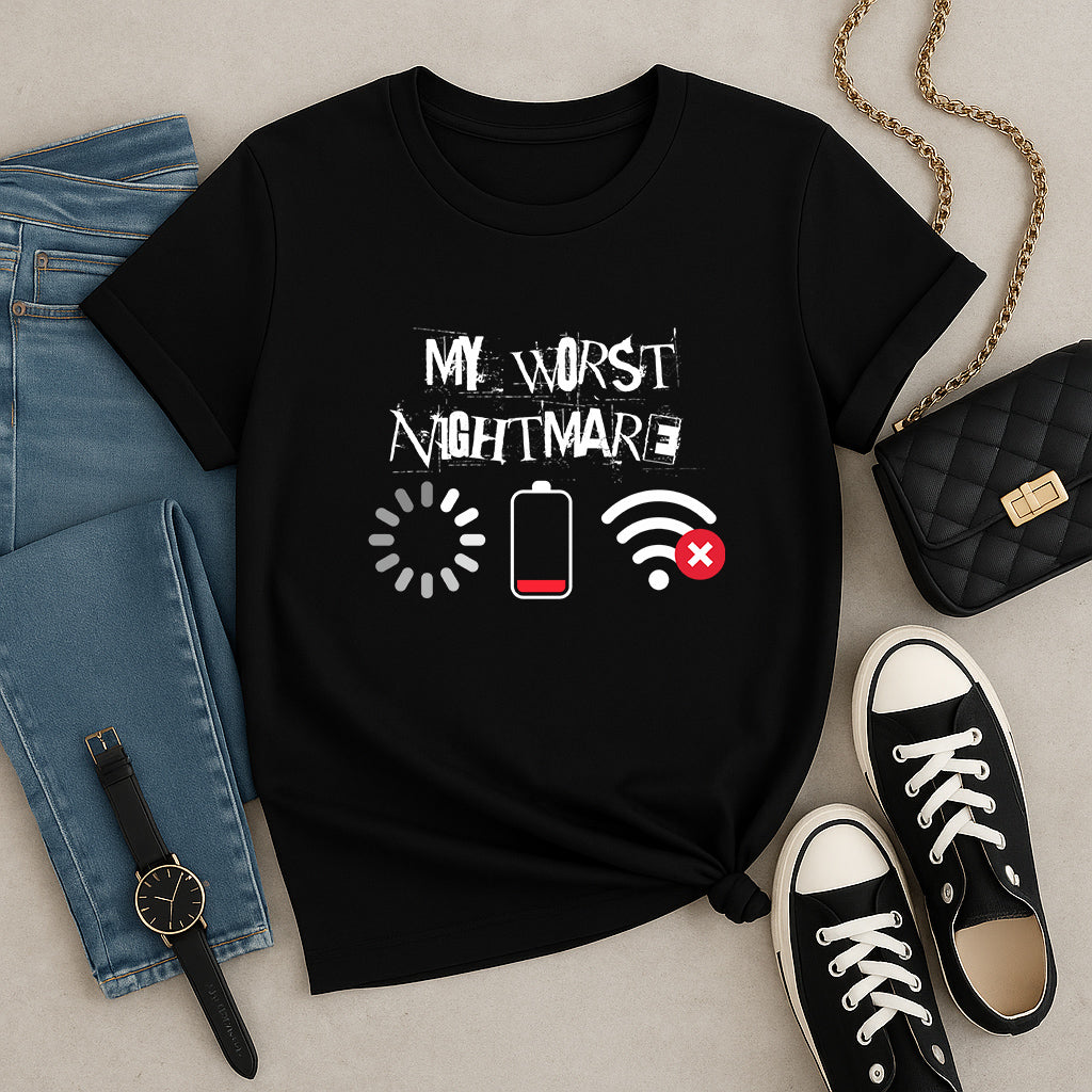 My Worst Nightmare T-Shirt: Funny Tech Problems Graphic Tee with Loading, Low Battery, and No WiFi Icons