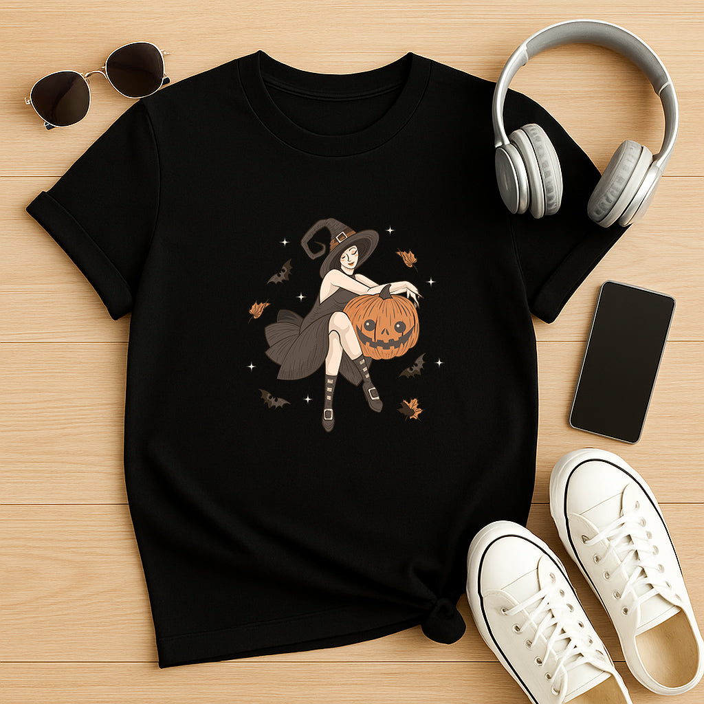 Witch and Pumpkin T-Shirt: Spooky Graphic Tee with Halloween Witch Artwork, Fun Gothic Style Shirt for Men and Women