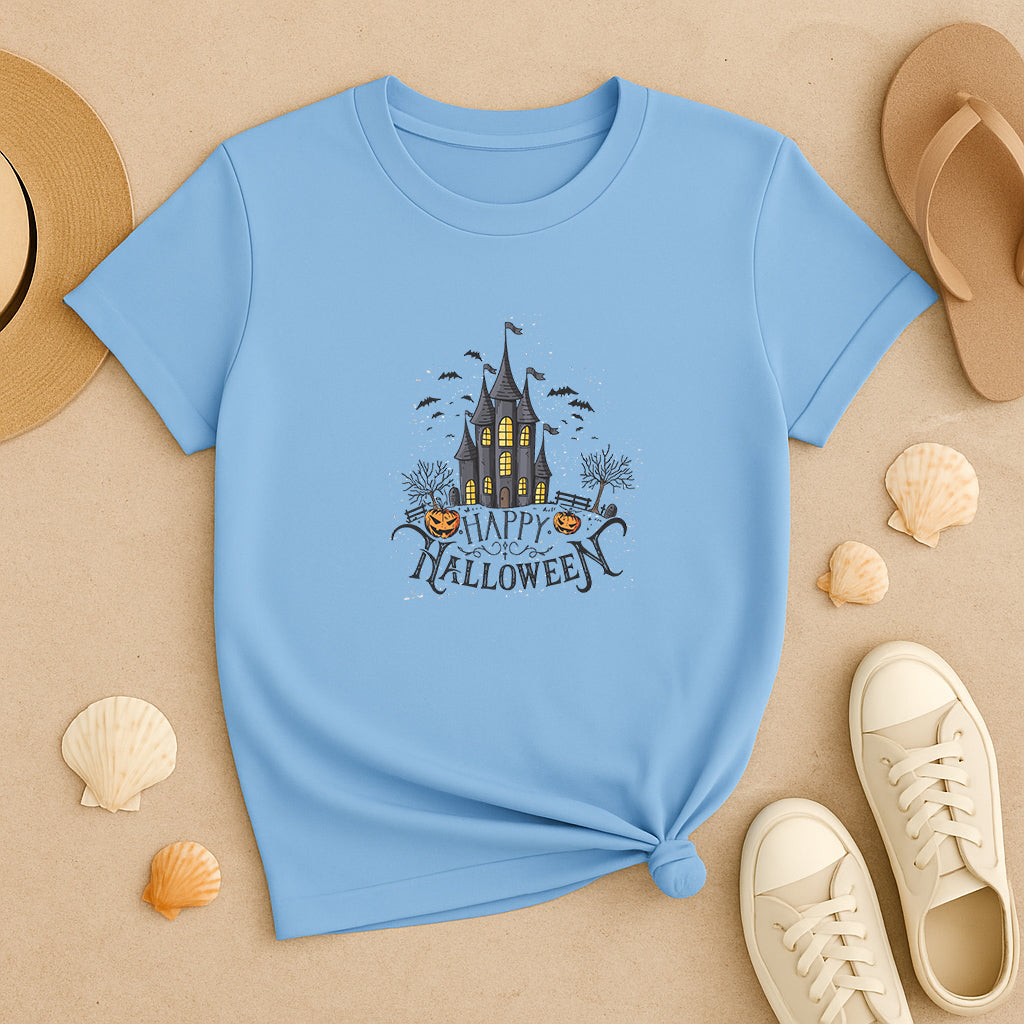 Happy Halloween T-Shirt: Haunted House Graphic Tee, Spooky Pumpkin and Bat Shirt, Fun Gothic Style Gift for Men and Women