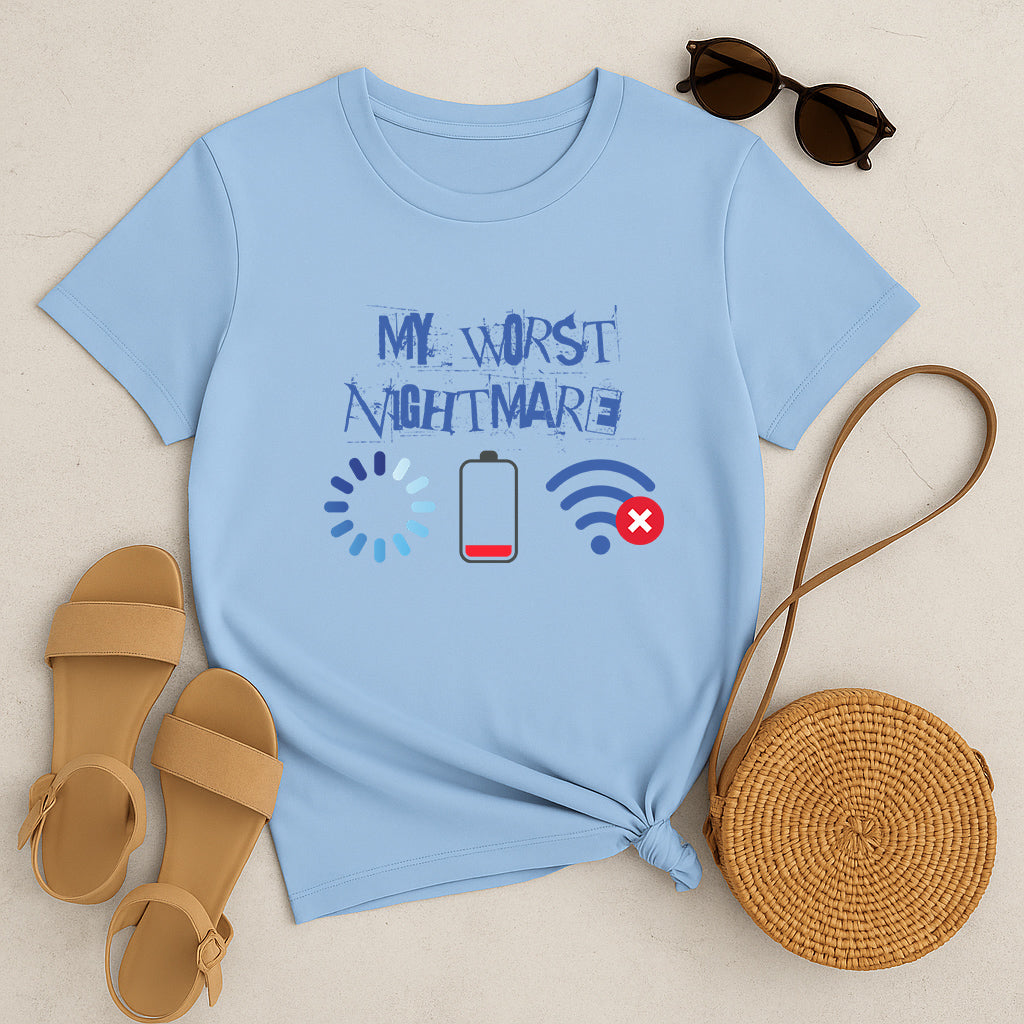My Worst Nightmare T-Shirt: Funny Tech Problems Graphic Tee with Loading, Low Battery, and No WiFi Icons