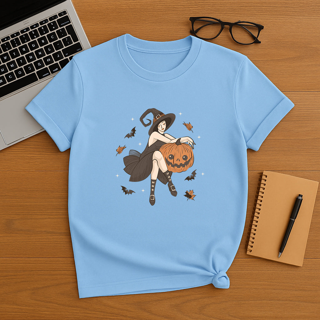 Witch and Pumpkin T-Shirt: Spooky Graphic Tee with Halloween Witch Artwork, Fun Gothic Style Shirt for Men and Women