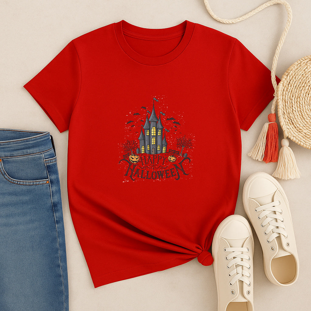 Happy Halloween T-Shirt: Haunted House Graphic Tee, Spooky Pumpkin and Bat Shirt, Fun Gothic Style Gift for Men and Women