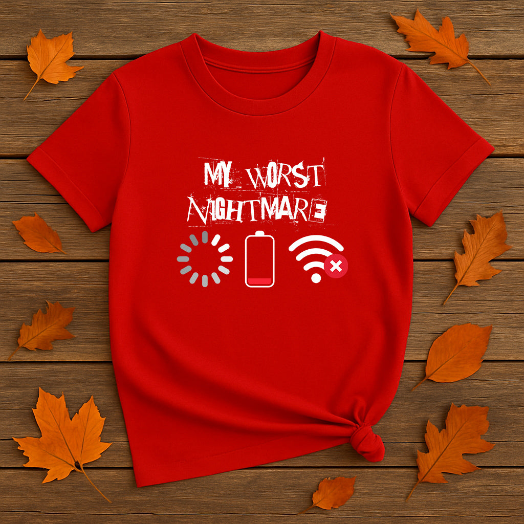 My Worst Nightmare T-Shirt: Funny Tech Problems Graphic Tee with Loading, Low Battery, and No WiFi Icons