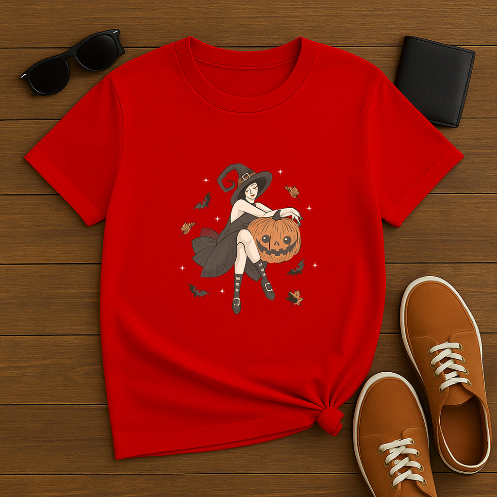 Witch and Pumpkin T-Shirt: Spooky Graphic Tee with Halloween Witch Artwork, Fun Gothic Style Shirt for Men and Women