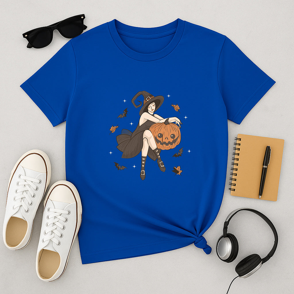 Witch and Pumpkin T-Shirt: Spooky Graphic Tee with Halloween Witch Artwork, Fun Gothic Style Shirt for Men and Women