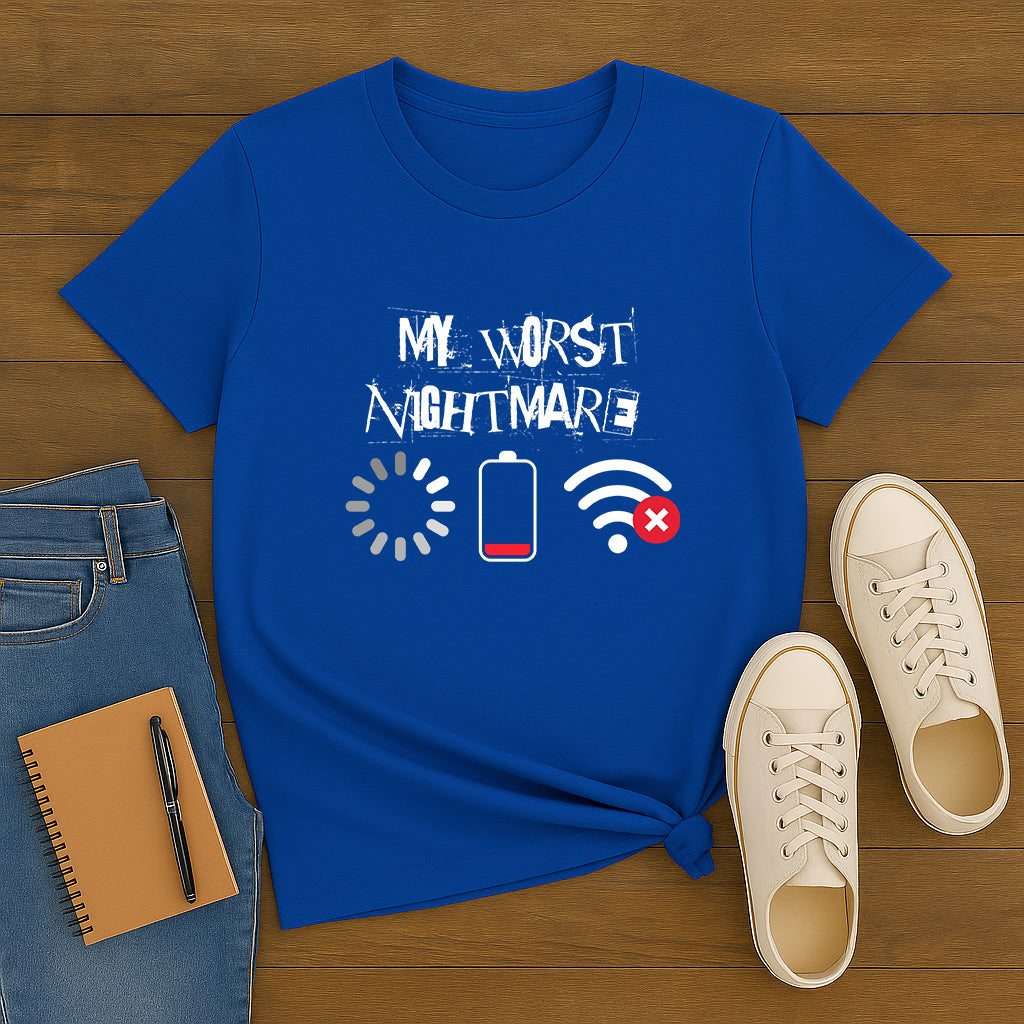 My Worst Nightmare T-Shirt: Funny Tech Problems Graphic Tee with Loading, Low Battery, and No WiFi Icons