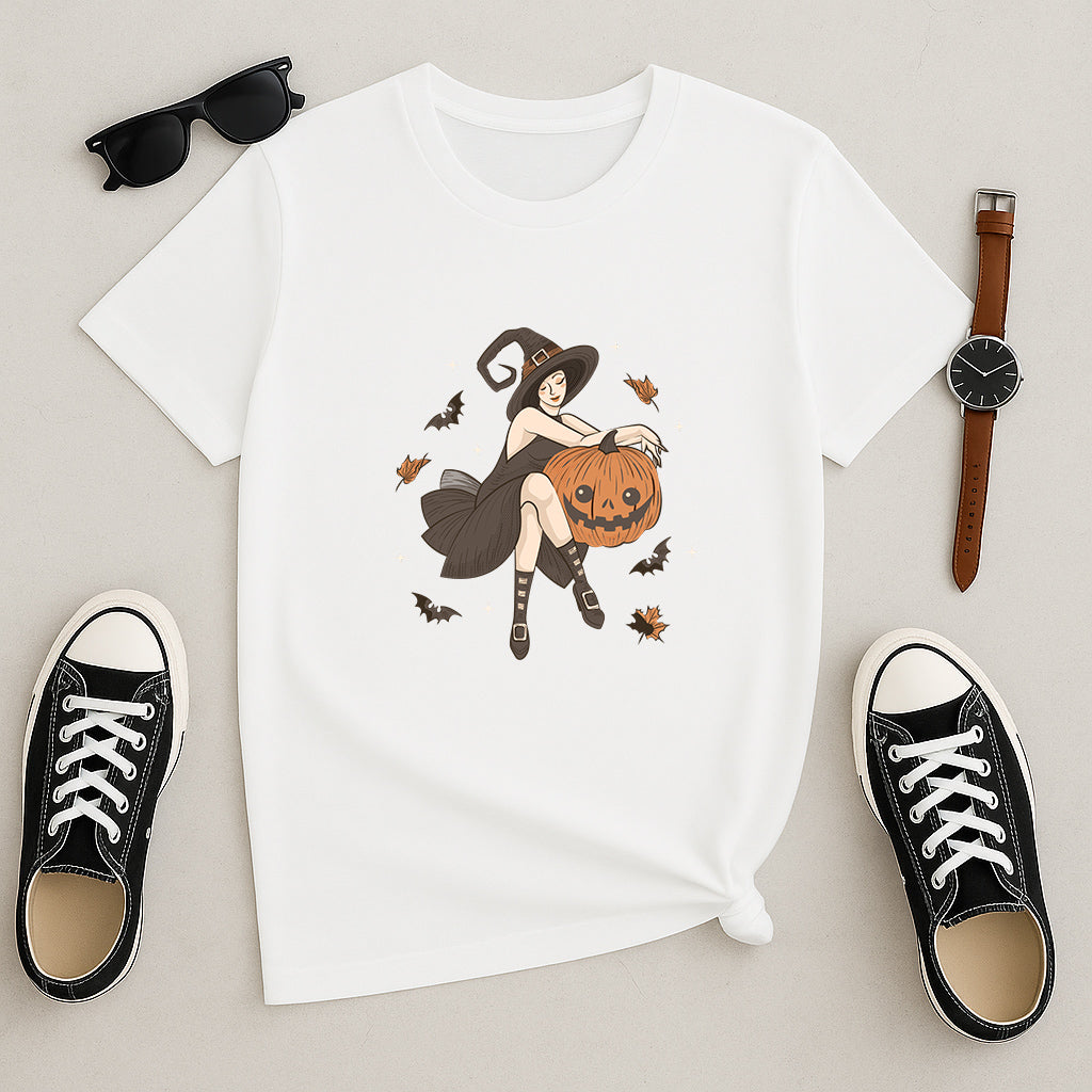 Witch and Pumpkin T-Shirt: Spooky Graphic Tee with Halloween Witch Artwork, Fun Gothic Style Shirt for Men and Women