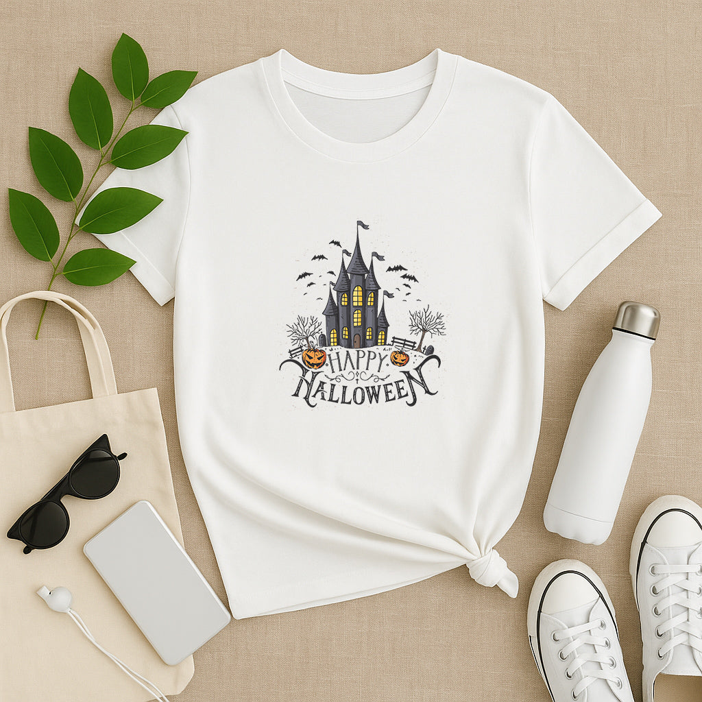 Happy Halloween T-Shirt: Haunted House Graphic Tee, Spooky Pumpkin and Bat Shirt, Fun Gothic Style Gift for Men and Women