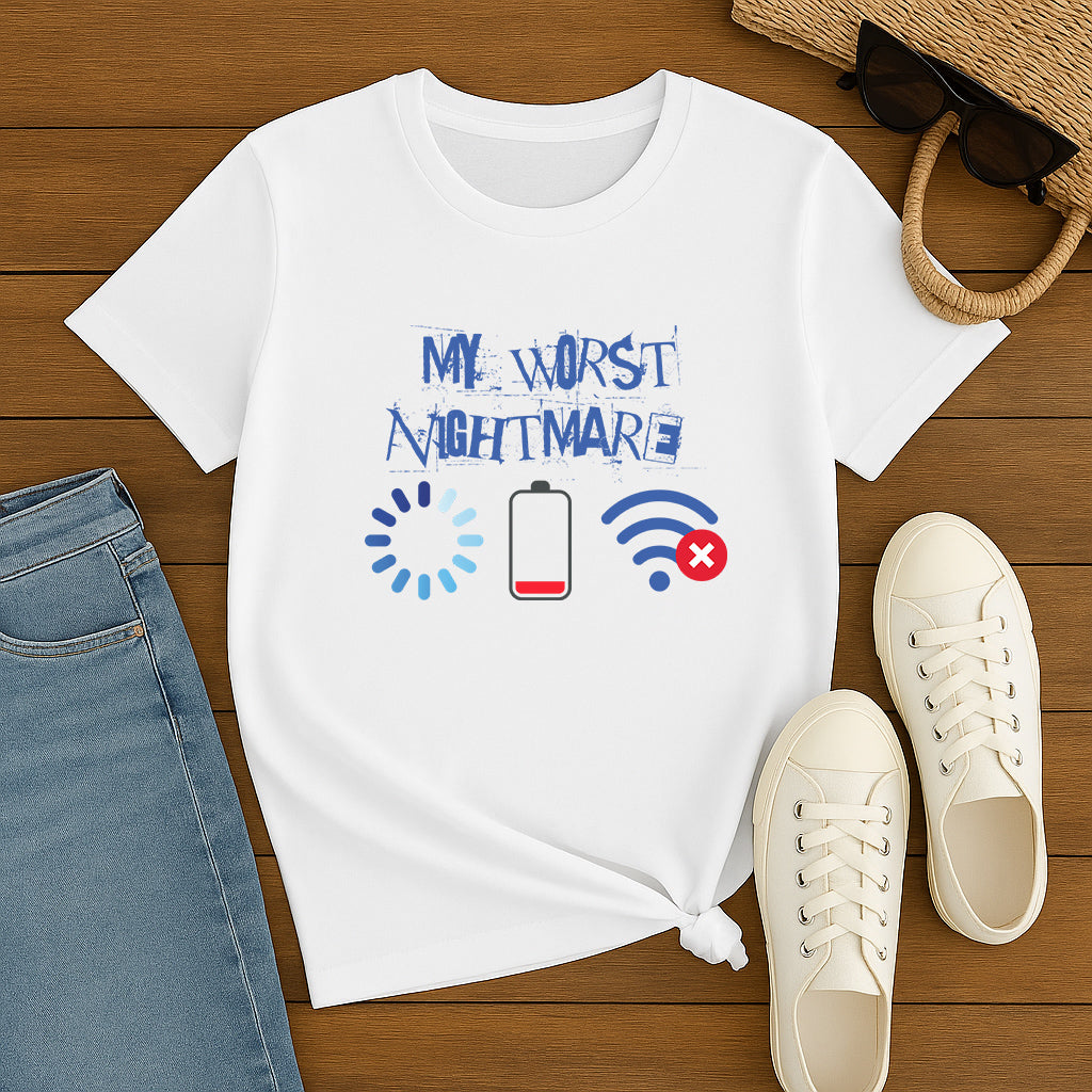 My Worst Nightmare T-Shirt: Funny Tech Problems Graphic Tee with Loading, Low Battery, and No WiFi Icons
